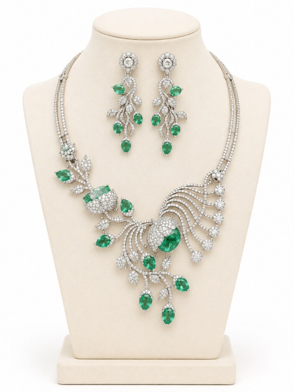 Crystal Necklace and Earrings Set, Silver-Tone Aqua Leaf Design.